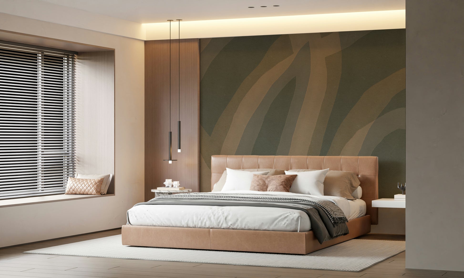A graceful subtle pattern wall mural in cool, natural tones.

