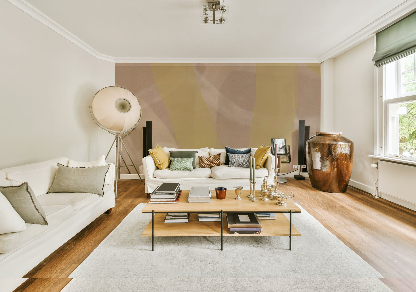 A peaceful abstract design mural on decorative wallpaper.

