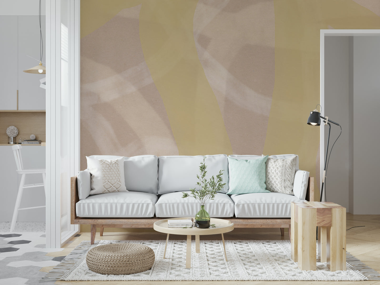 A beautiful soft yellow wallpaper mural with subtle swirls.

