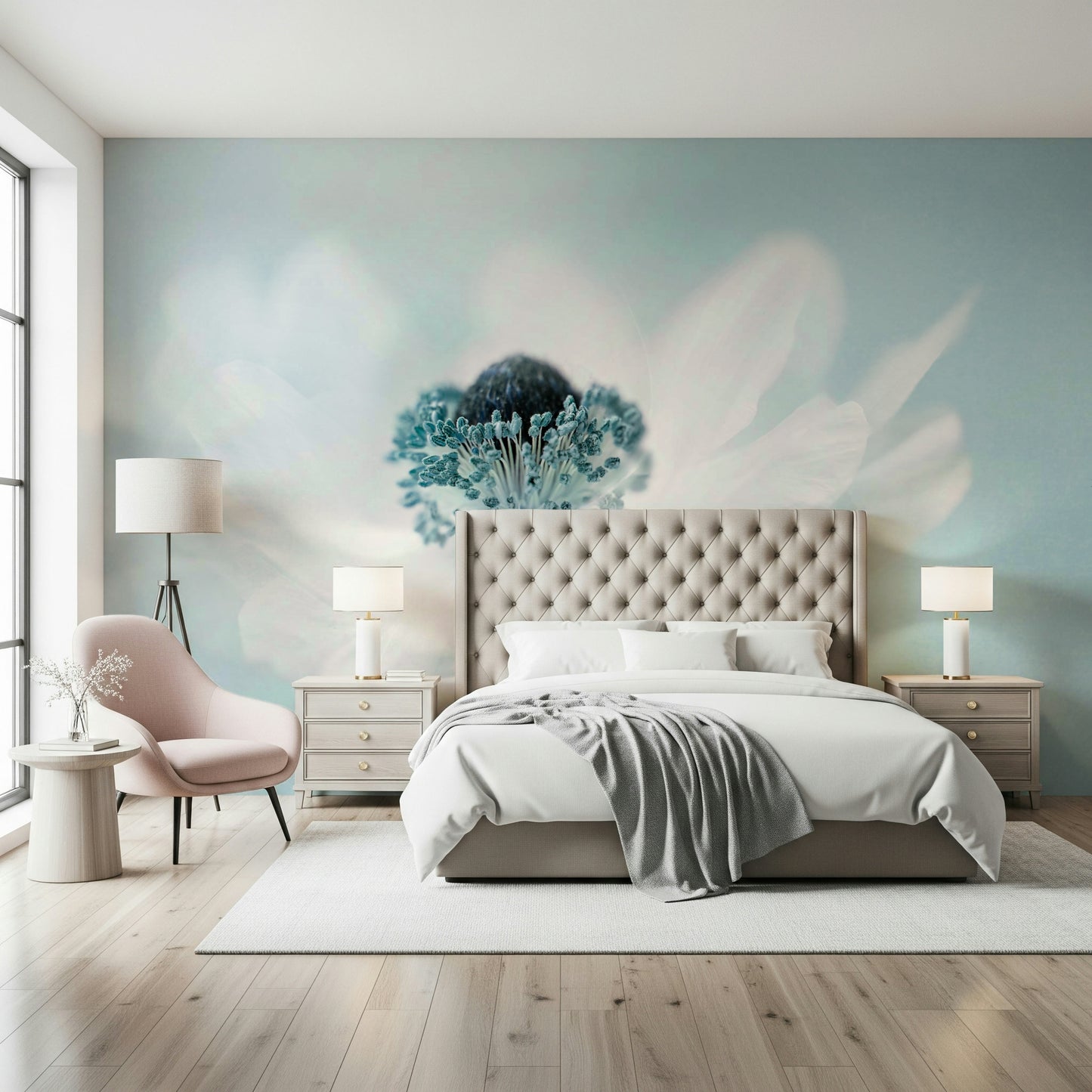 A contemplative floral pattern wallpaper mural for a feature wall.

