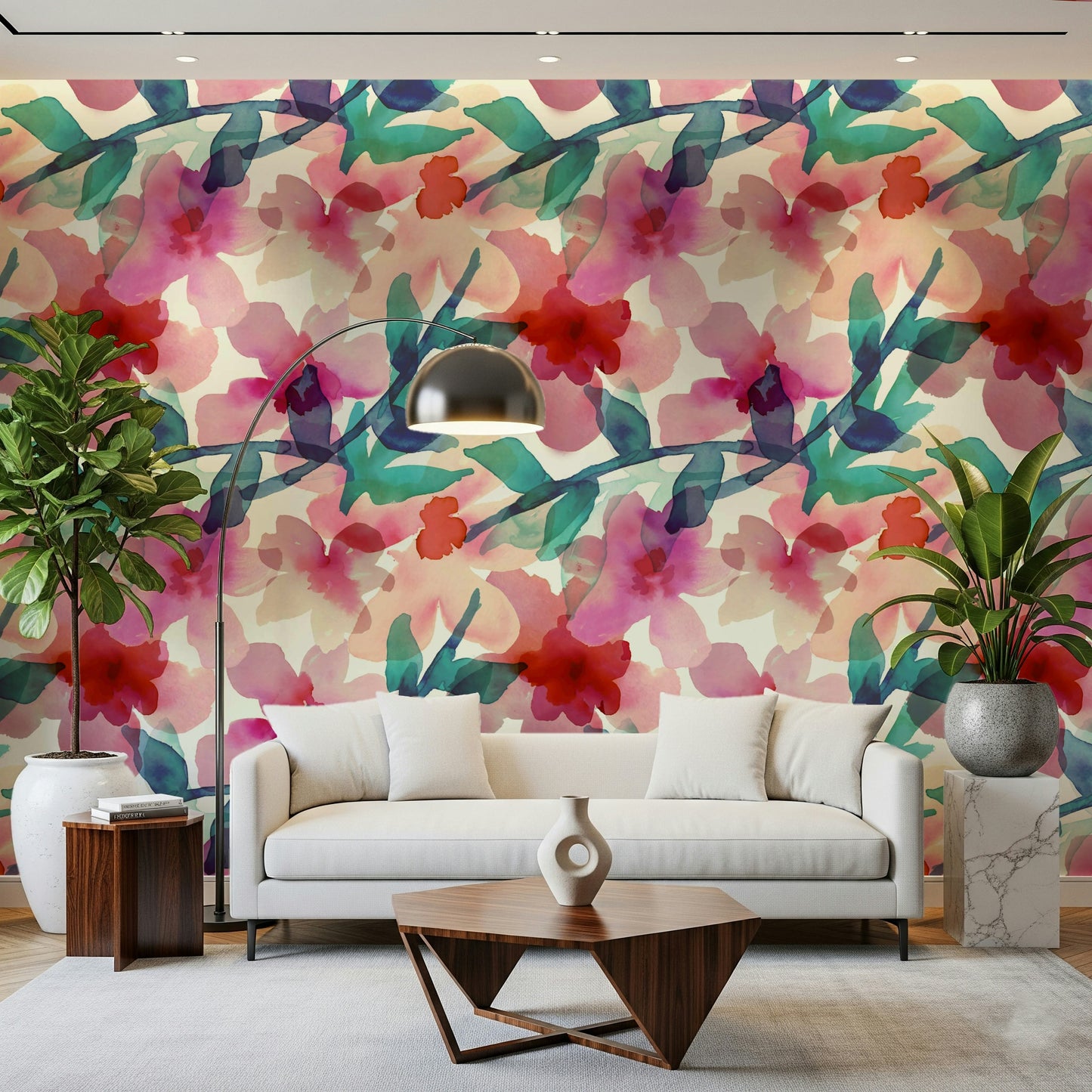 A contemplative watercolor floral wallpaper mural for a feature wall.

