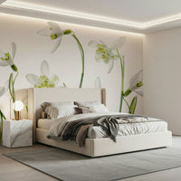 A beautiful serene white floral wallpaper mural for a modern home.

