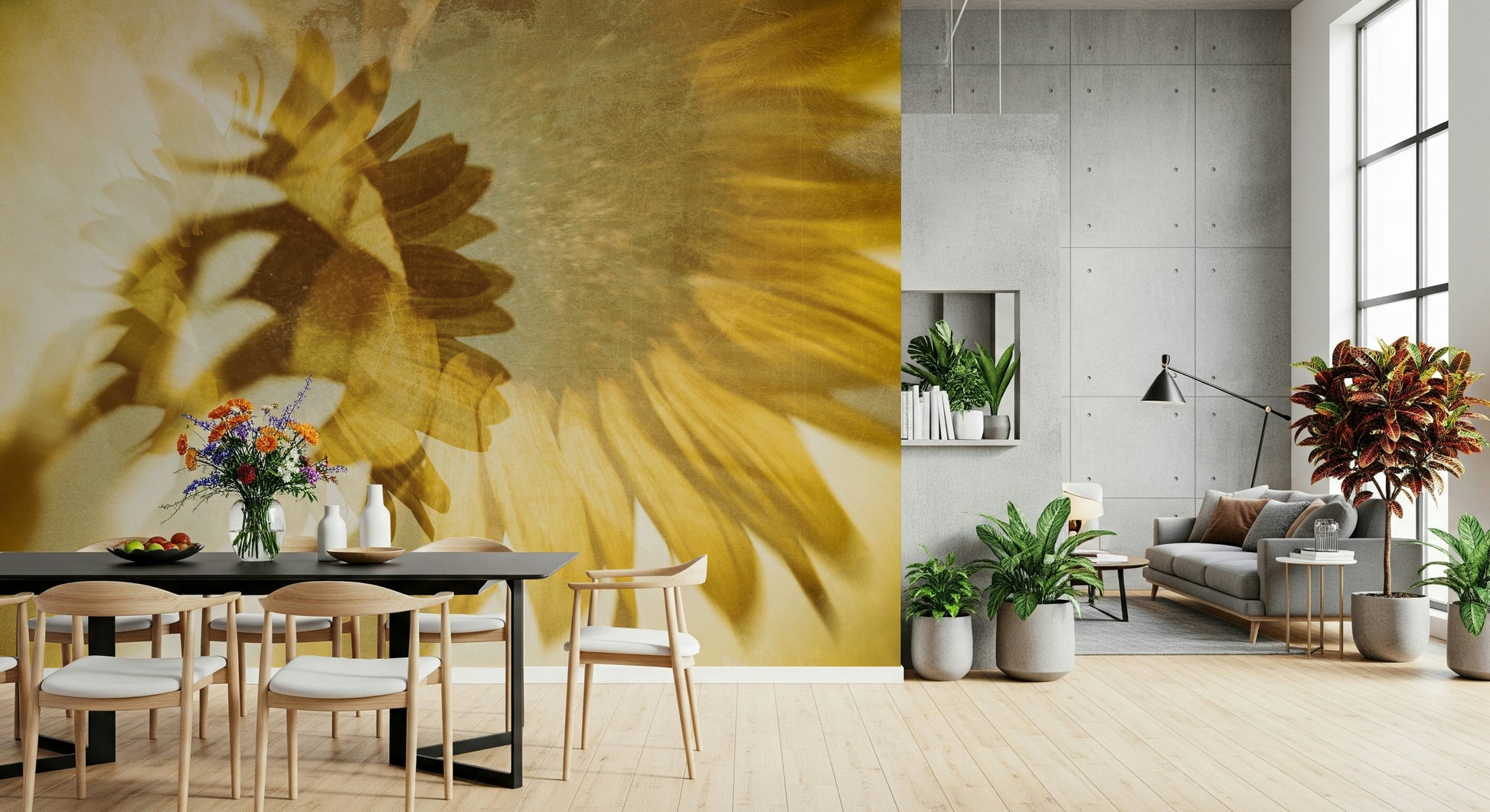 A peaceful sunflower garden mural on decorative wallpaper.


