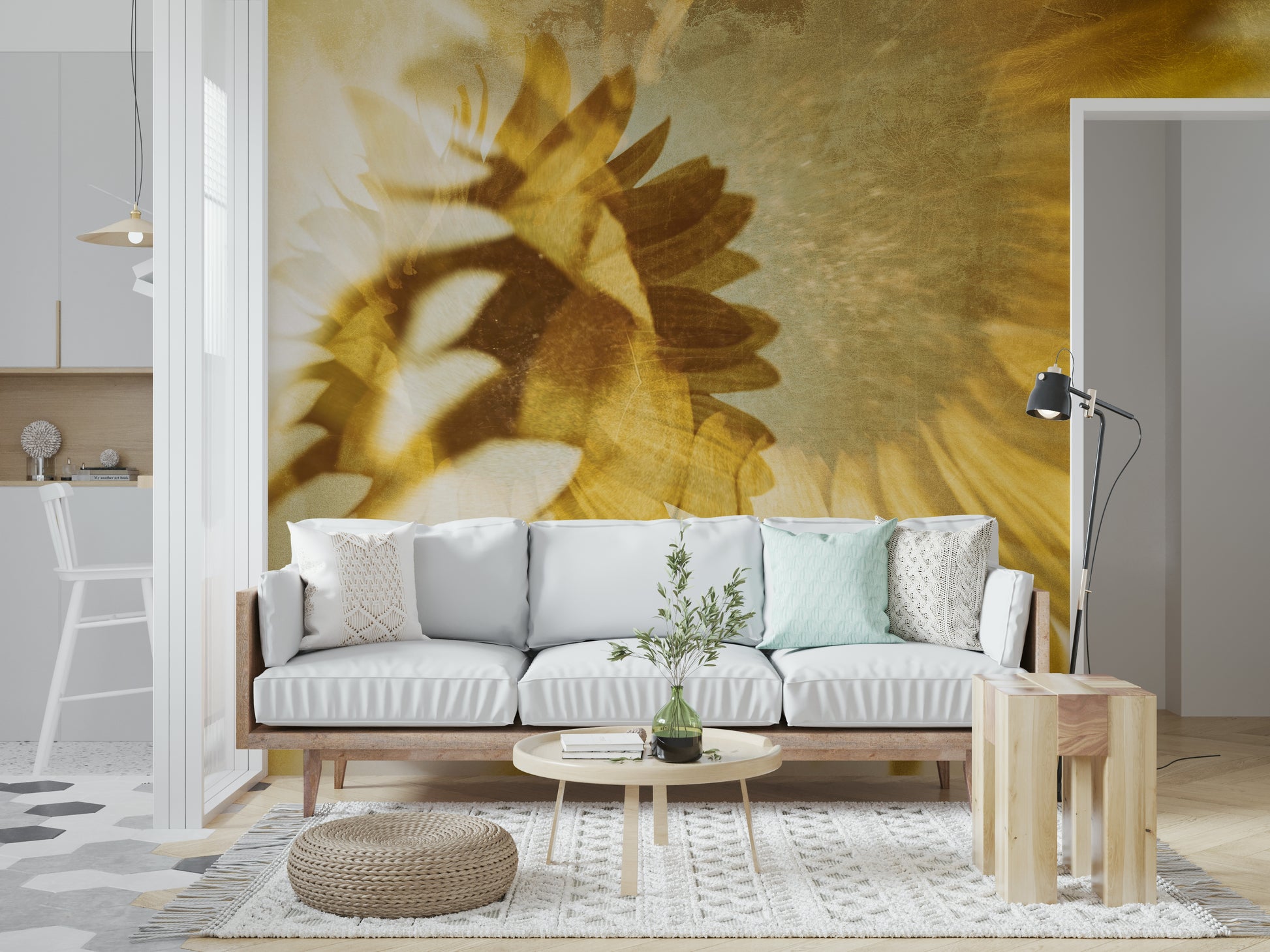 A calming floral design wallpaper mural that defines a space.

