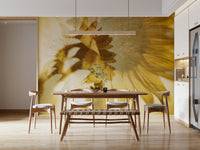 An artistic sunflower bloom mural on minimalist wallpaper.

