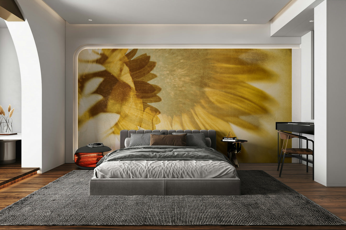 A contemplative golden floral wallpaper mural for a feature wall.


