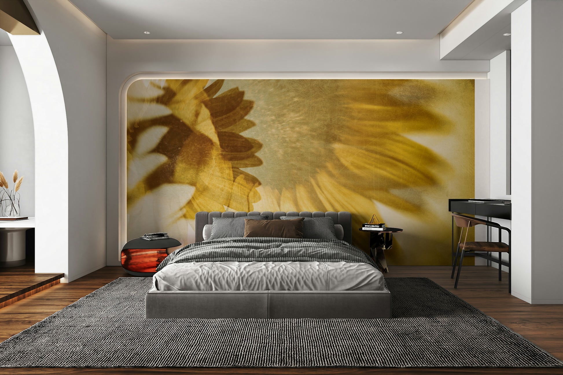 A contemplative golden floral wallpaper mural for a feature wall.

