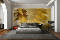 A contemplative golden floral wallpaper mural for a feature wall.

