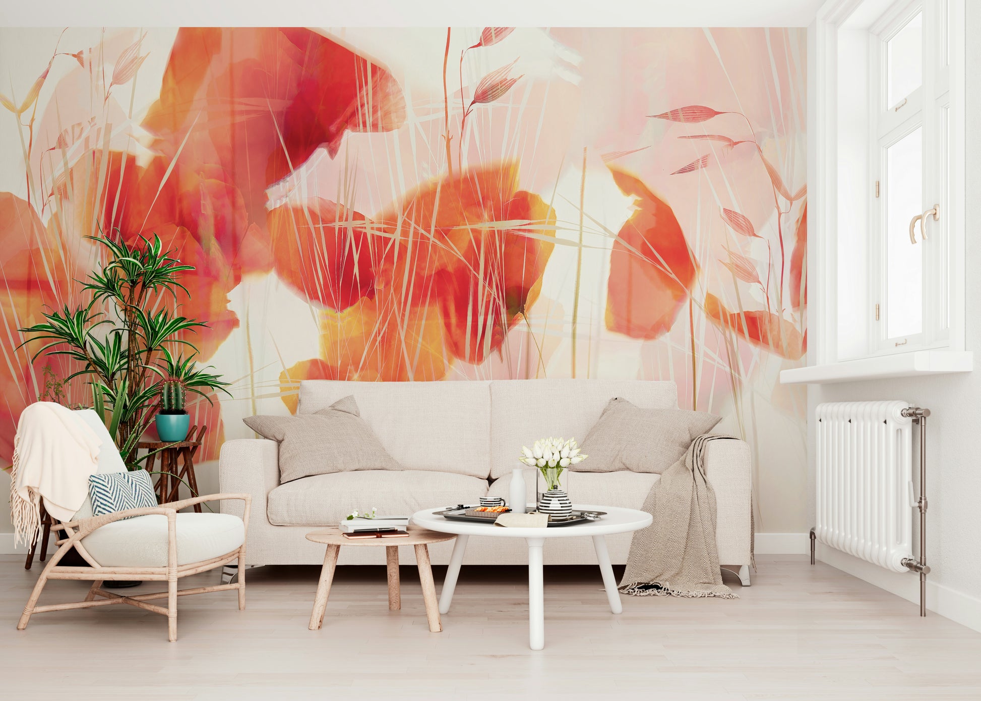 A graceful subtle bloom wall mural in soft, blush tones.

