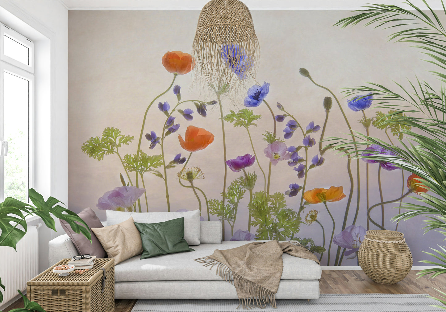 A graceful subtle bloom wall mural in soft, tranquil tones.


