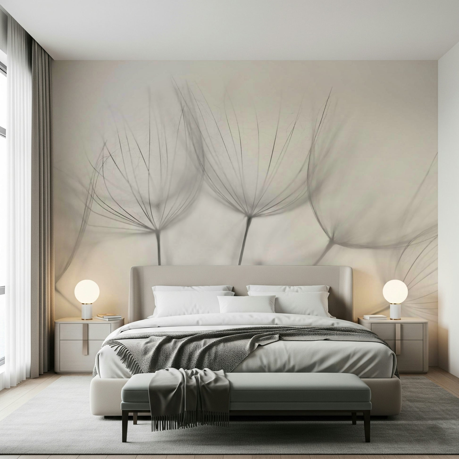 A peaceful botanical design mural on decorative wallpaper.

