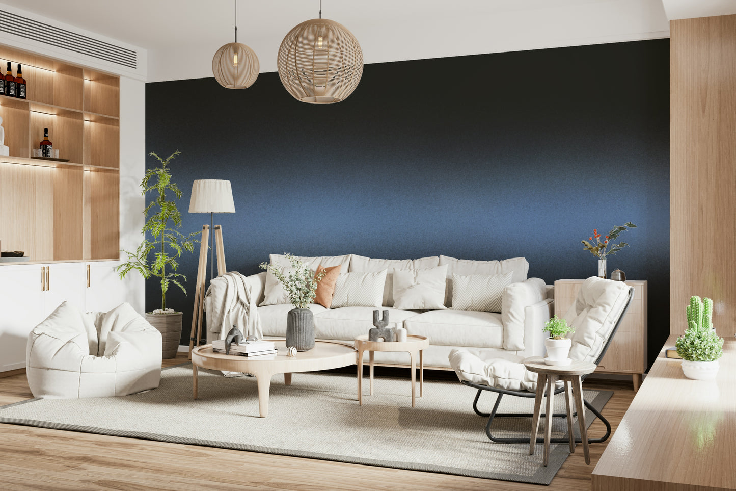 An artistic moody night mural on minimalist wallpaper.

