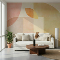 An artistic interlocking shape mural on minimalist wallpaper.

