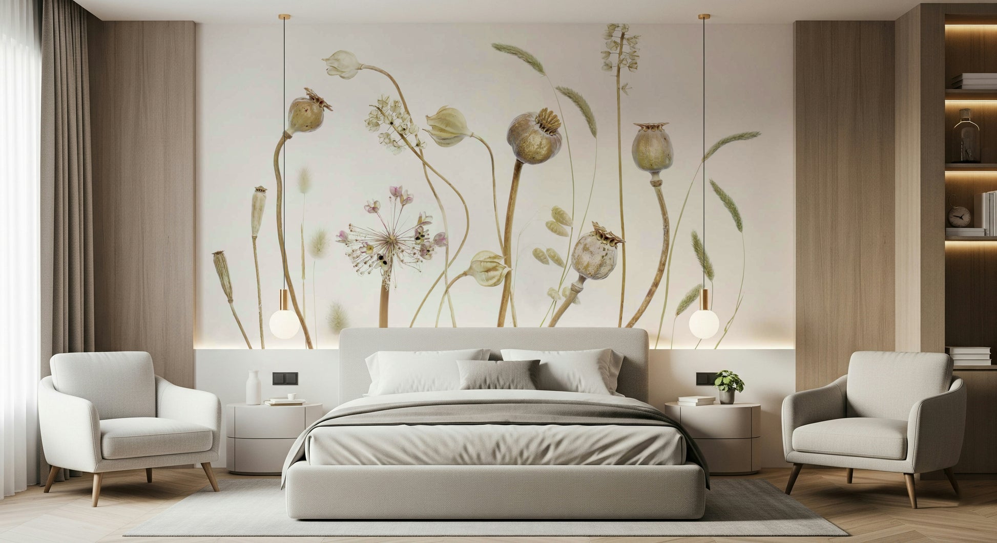 A peaceful rustic pattern mural on decorative wallpaper.

