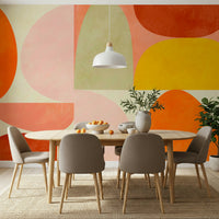 A peaceful geometric abstract mural on decorative wallpaper.

