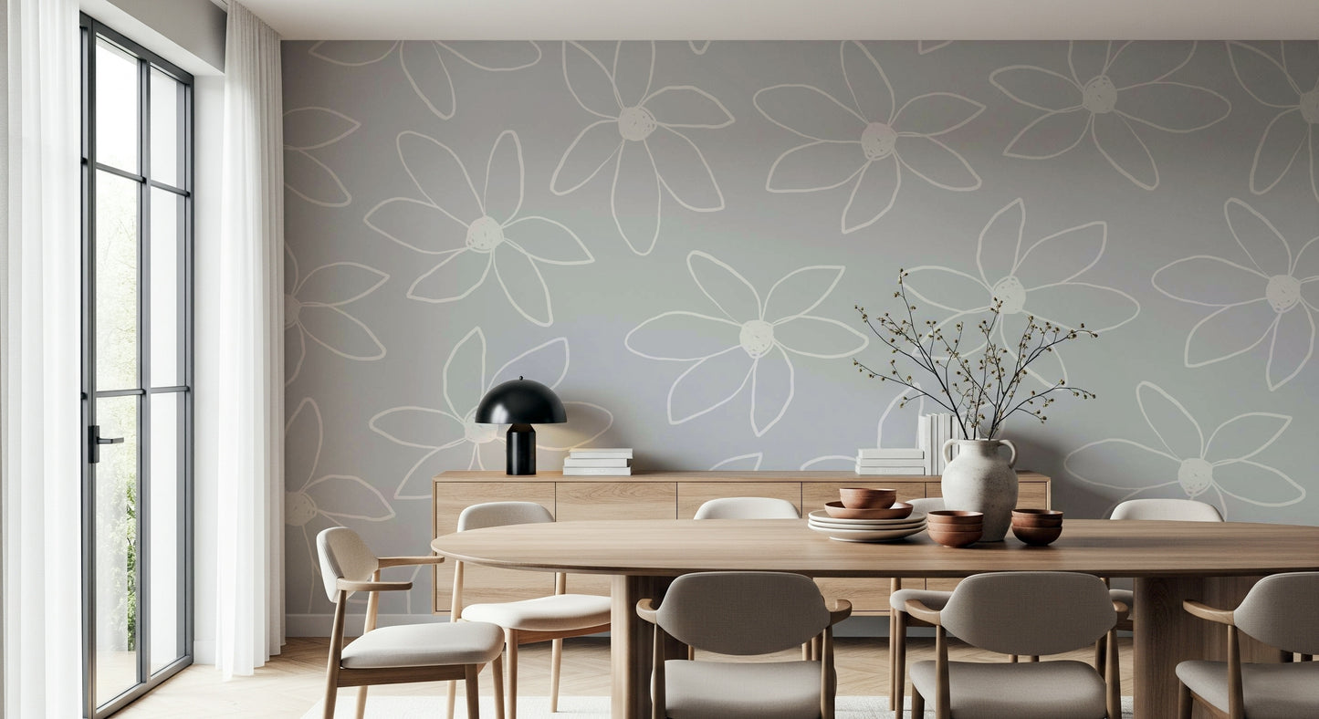 A graceful subtle flower wall mural in cool, natural tones.

