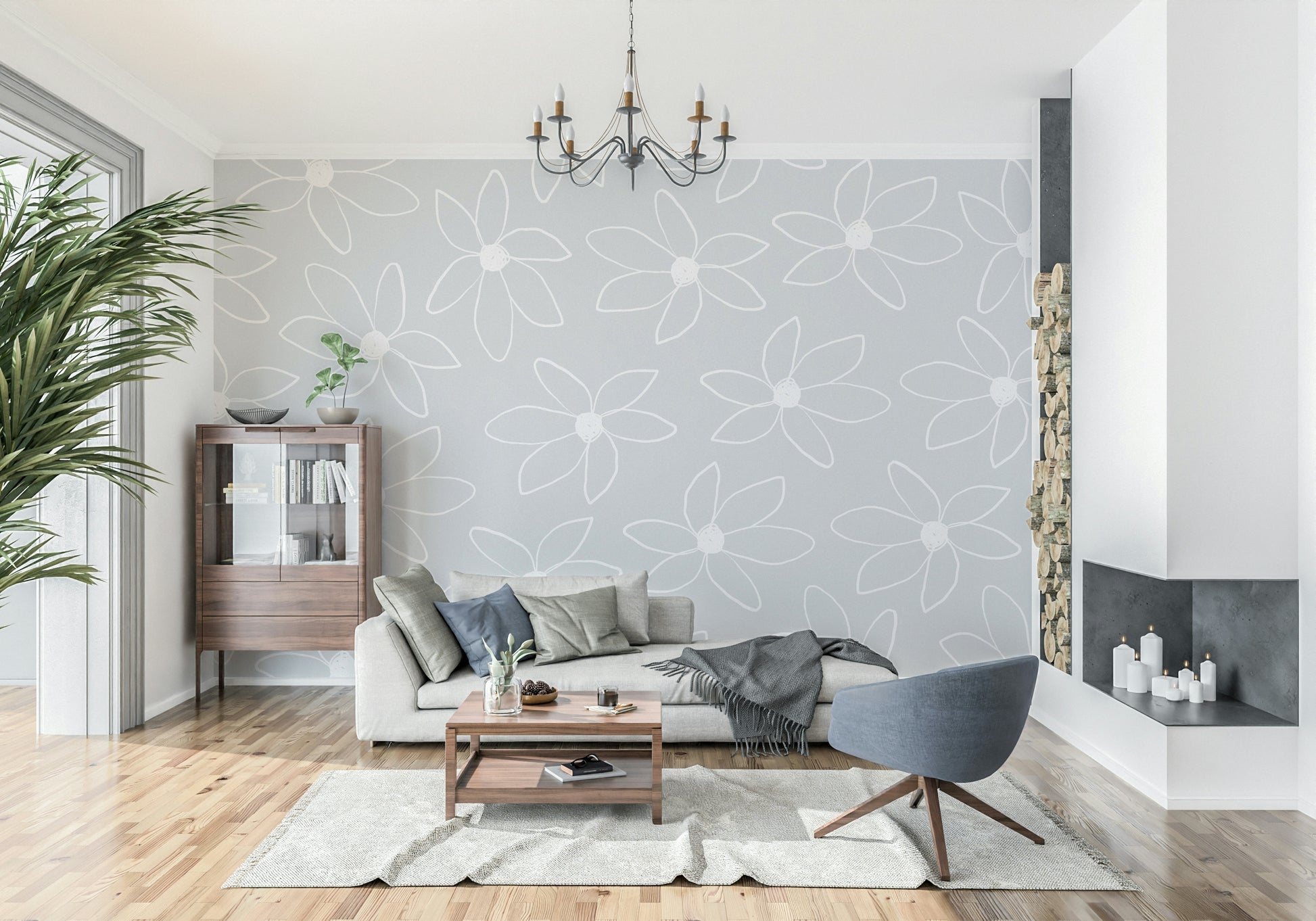 A calming whimsical floral wallpaper mural that defines a space.


