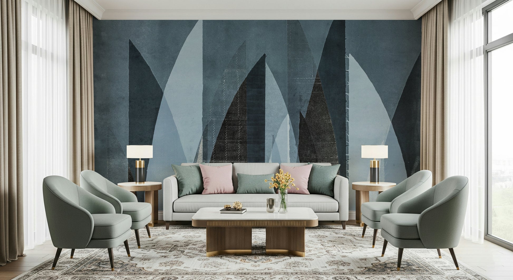 A contemplative geometric mountain wallpaper mural for a feature wall.

