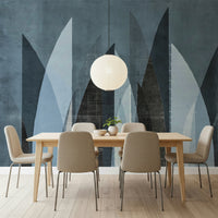 An artistic abstract landscape mural on minimalist wallpaper.

