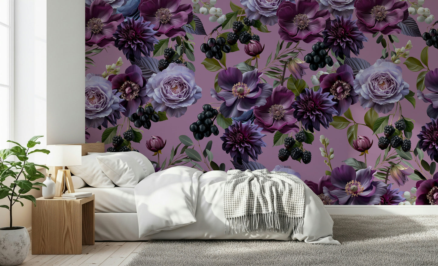 An artistic moody botanical mural on luxury wallpaper.

