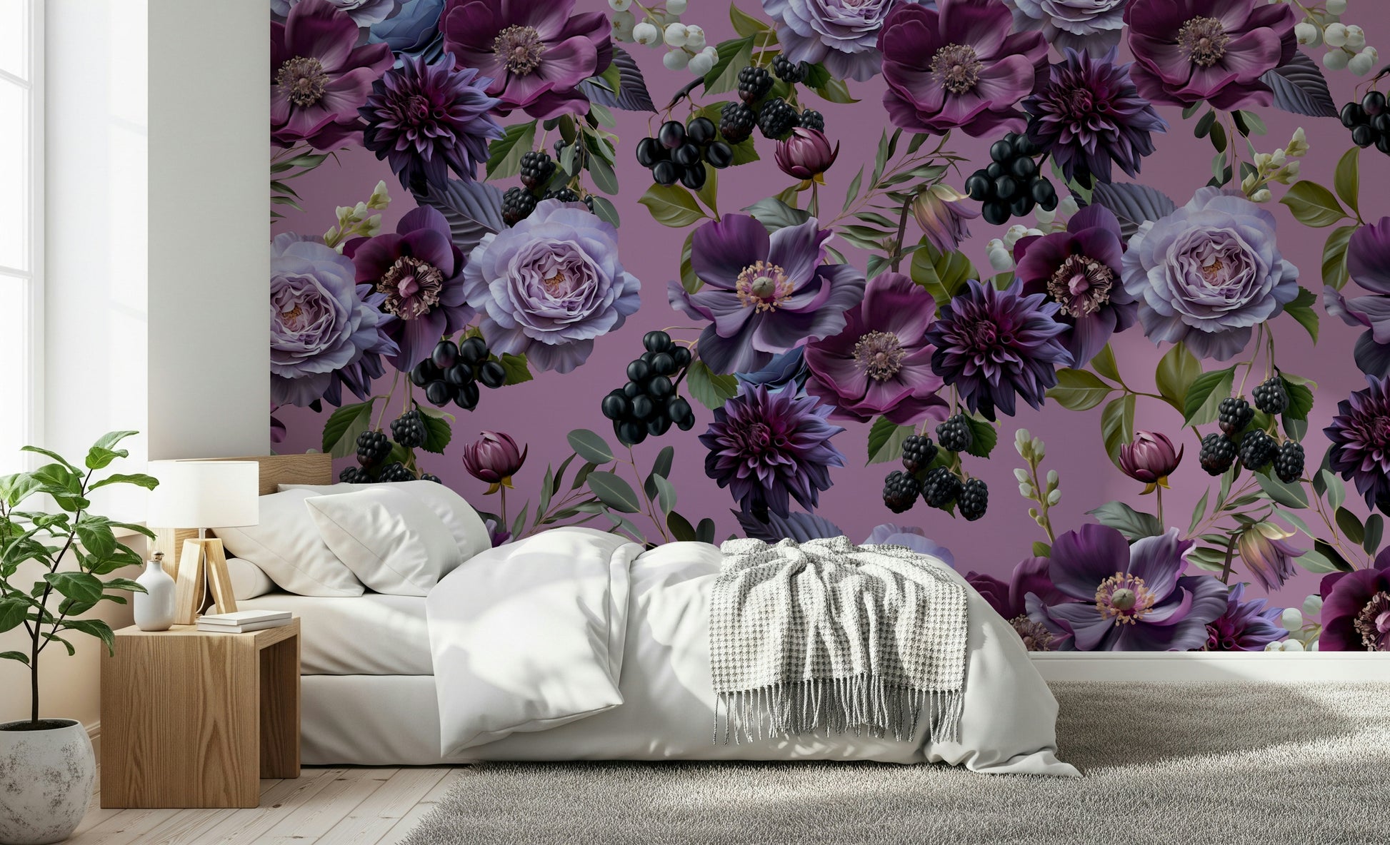 An artistic moody botanical mural on luxury wallpaper.

