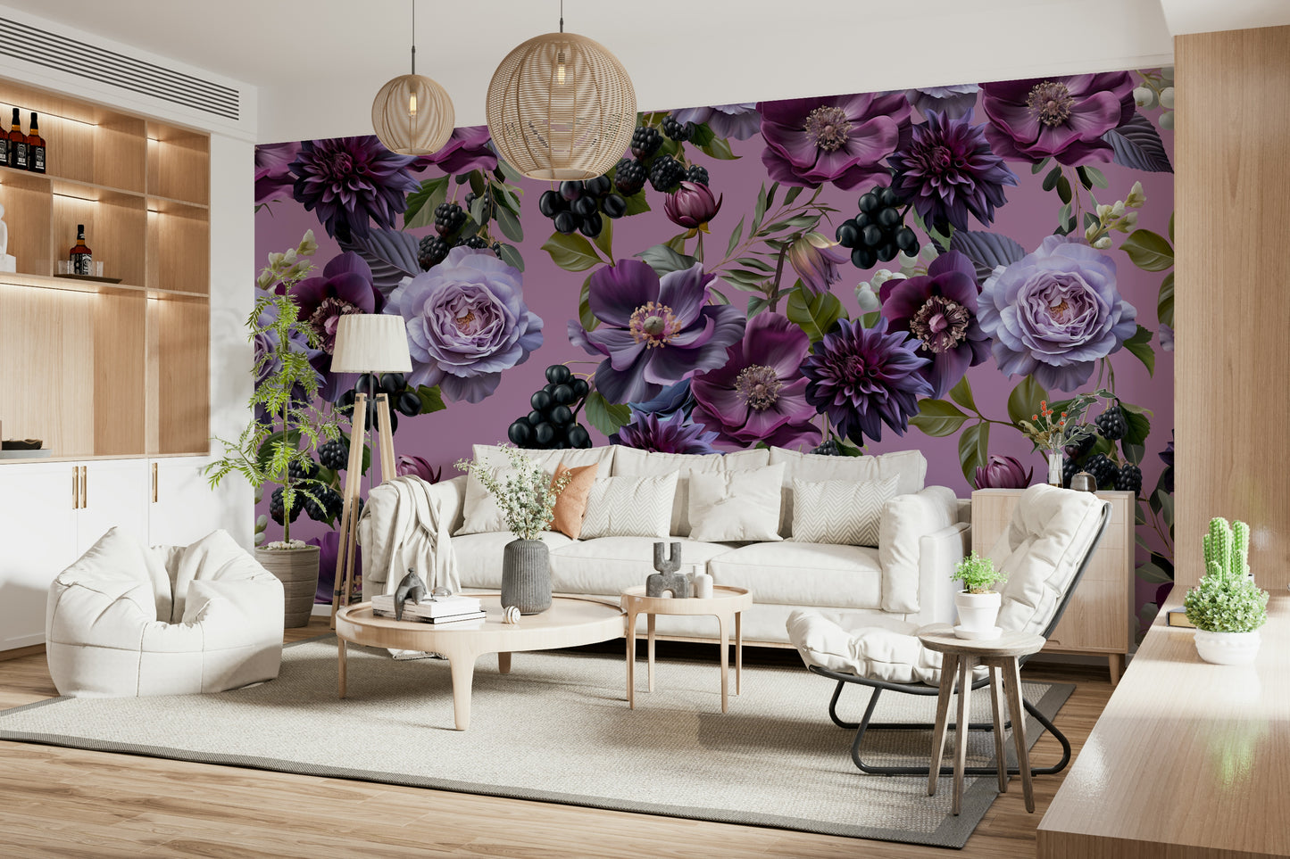 A graceful subtle bloom wall mural in rich, dark tones.

