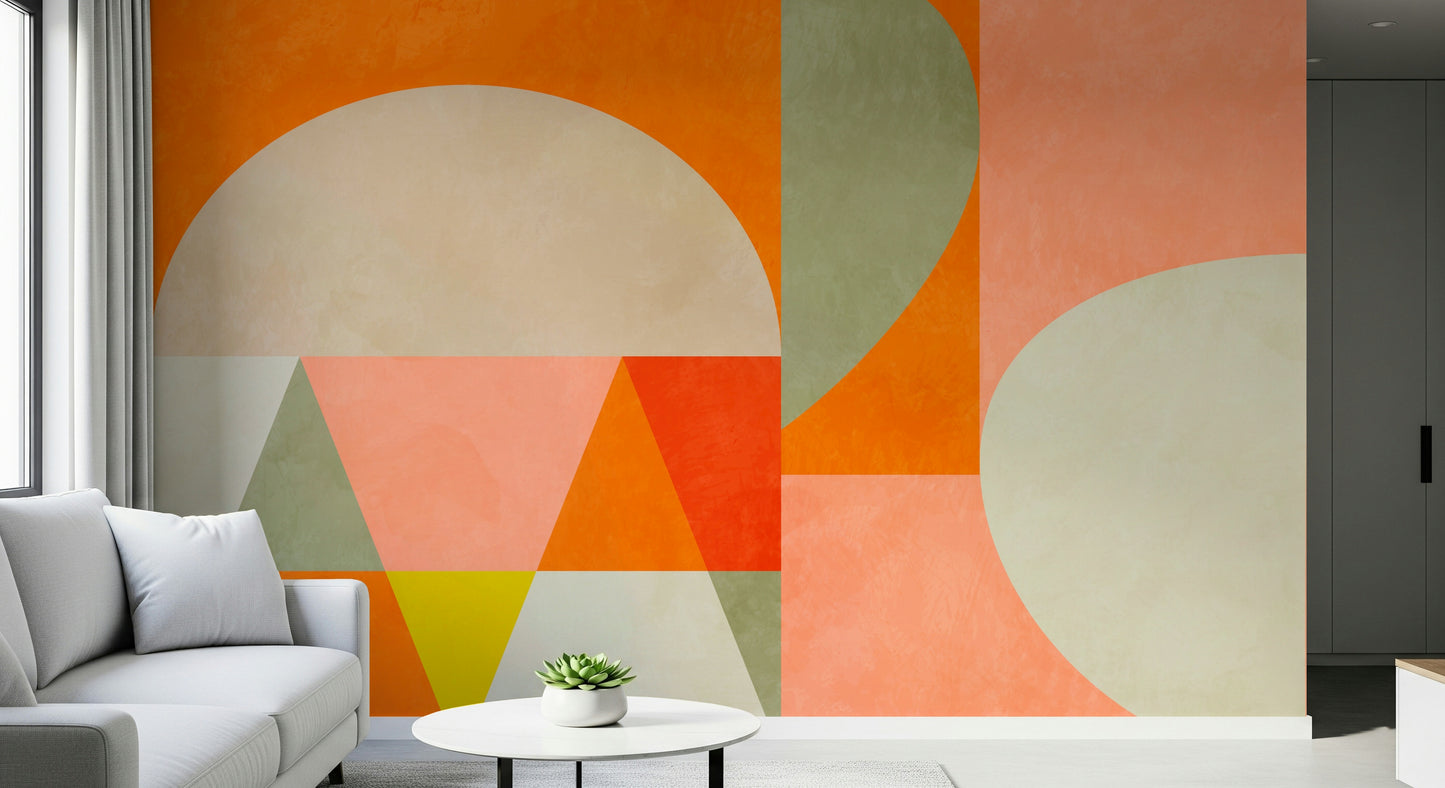 A graceful modern abstract wall mural in warm, natural tones.

