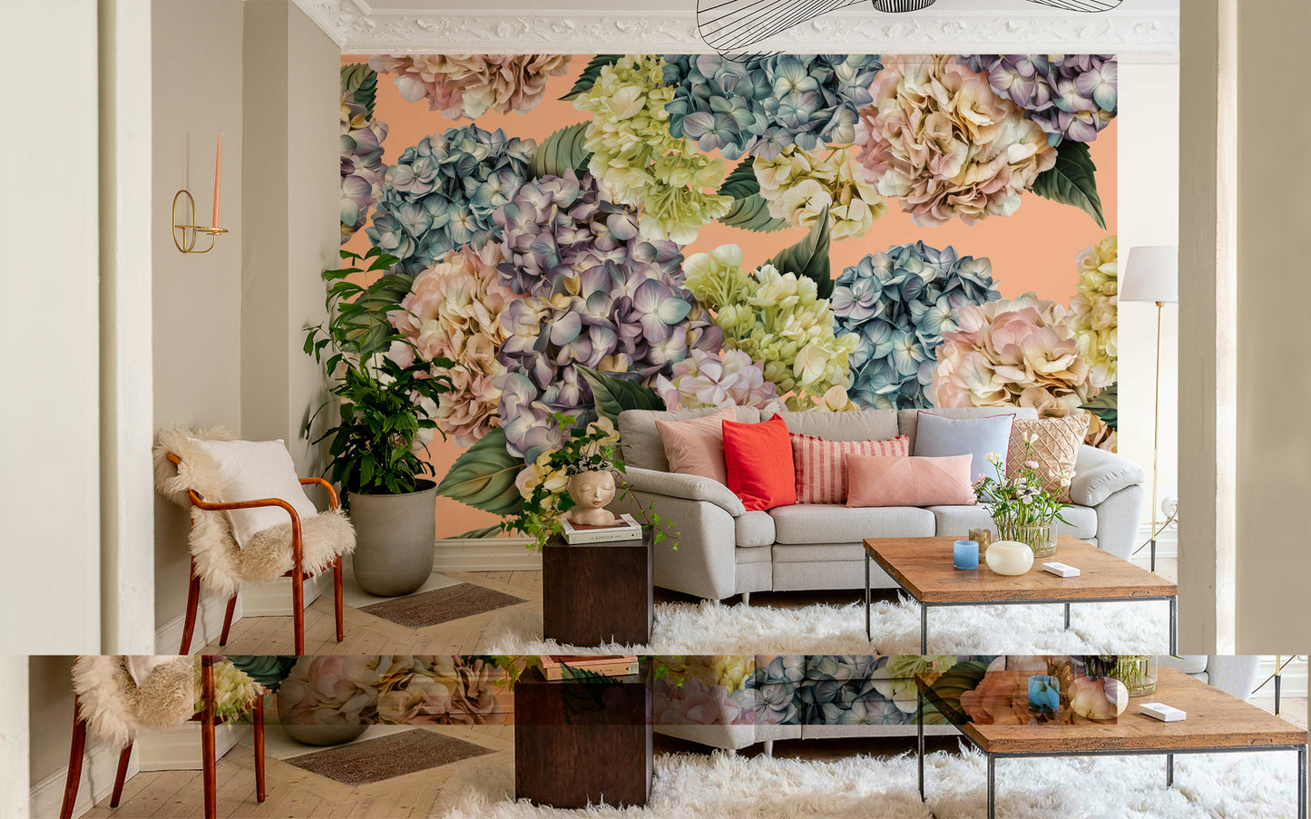 A contemplative soft floral wallpaper mural for a feature wall.

