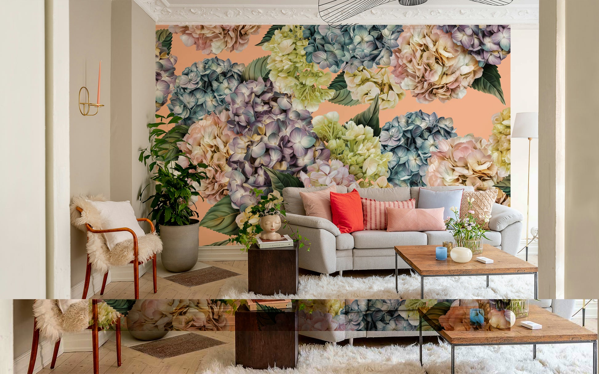 A contemplative soft floral wallpaper mural for a feature wall.

