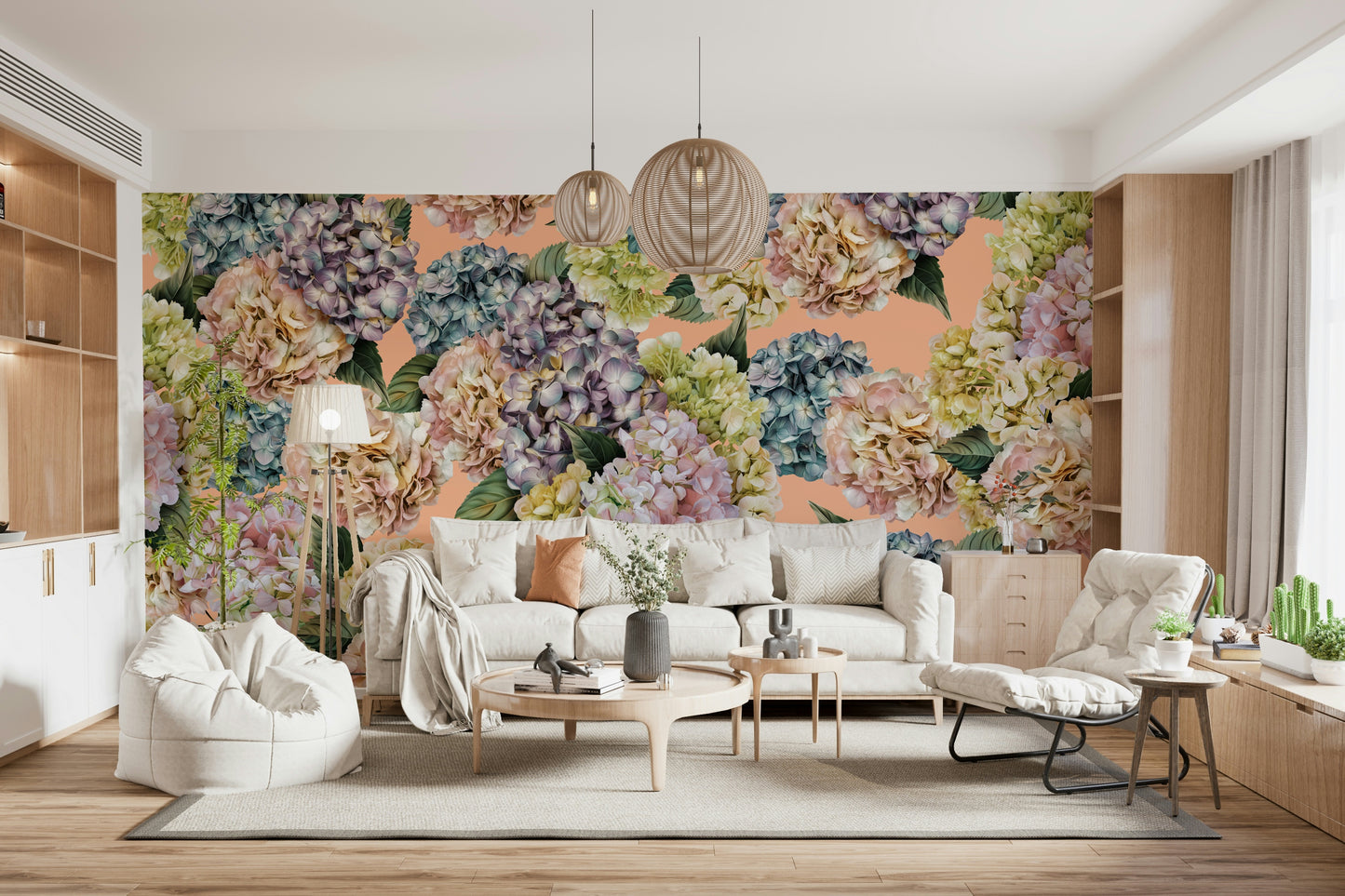 A peaceful flower design mural on decorative wallpaper.

