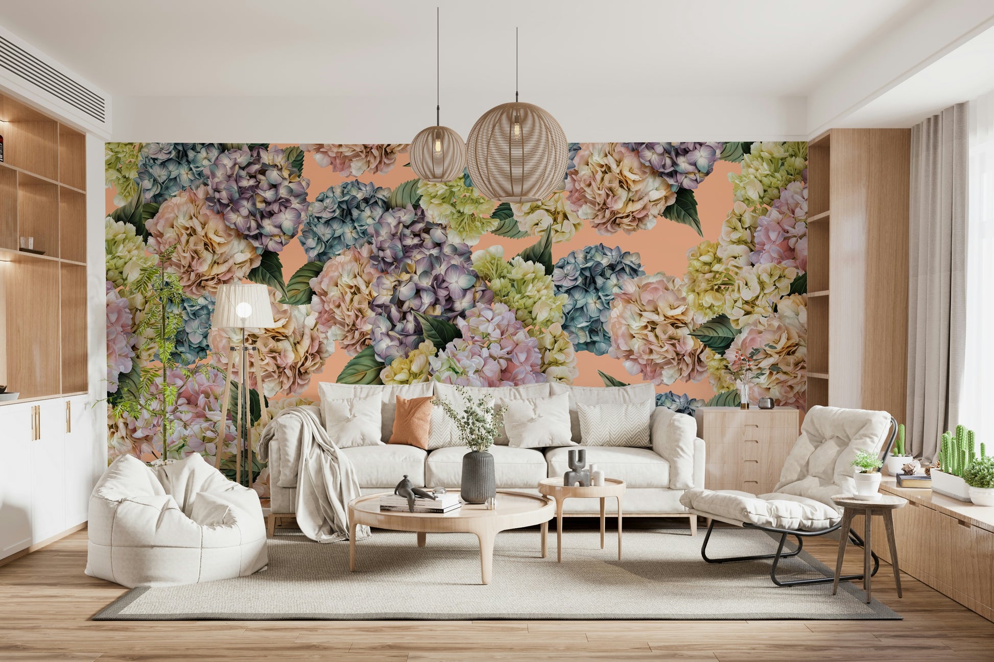 A peaceful flower design mural on decorative wallpaper.

