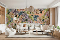 A peaceful flower design mural on decorative wallpaper.

