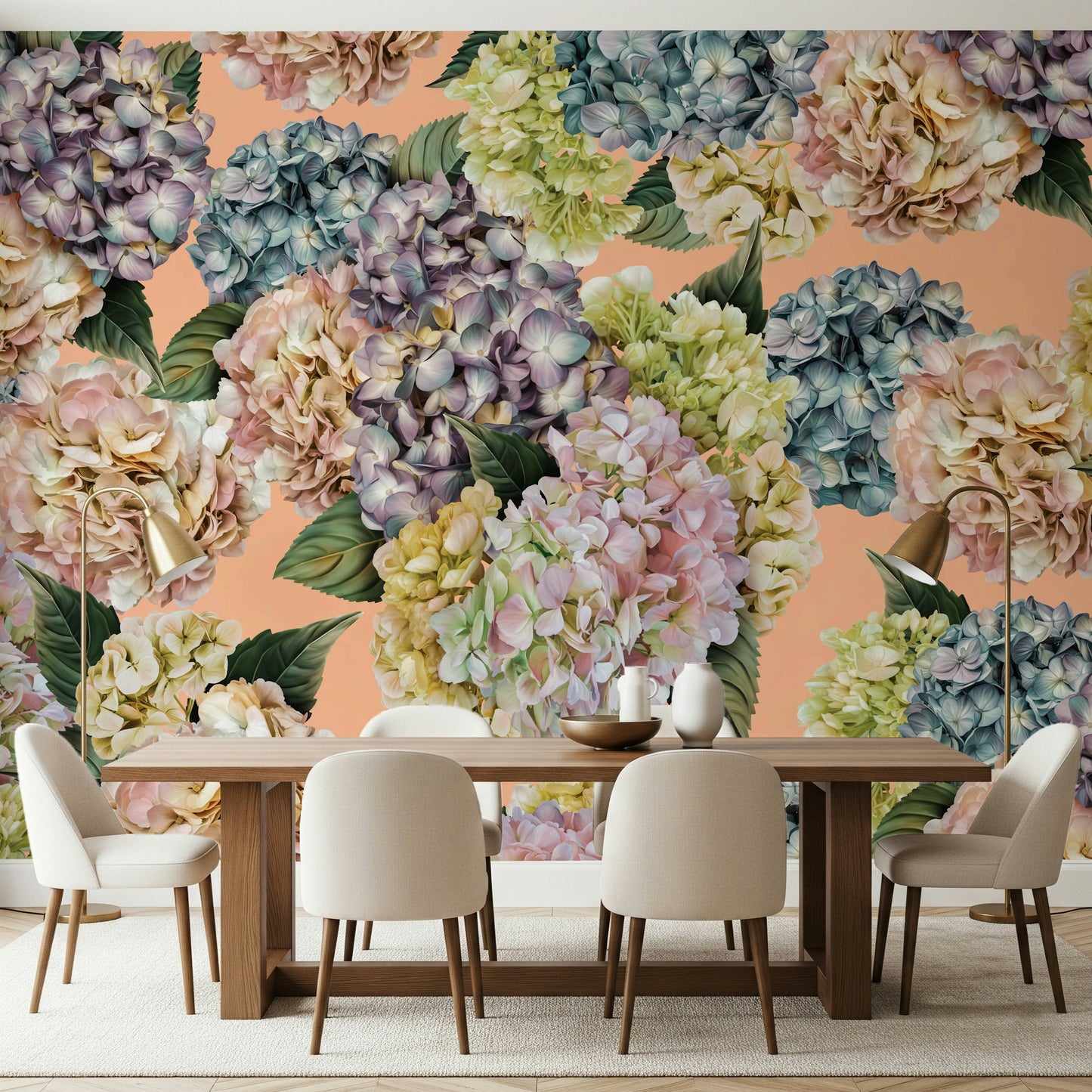 A graceful subtle flower wall mural in soft, tranquil tones.

