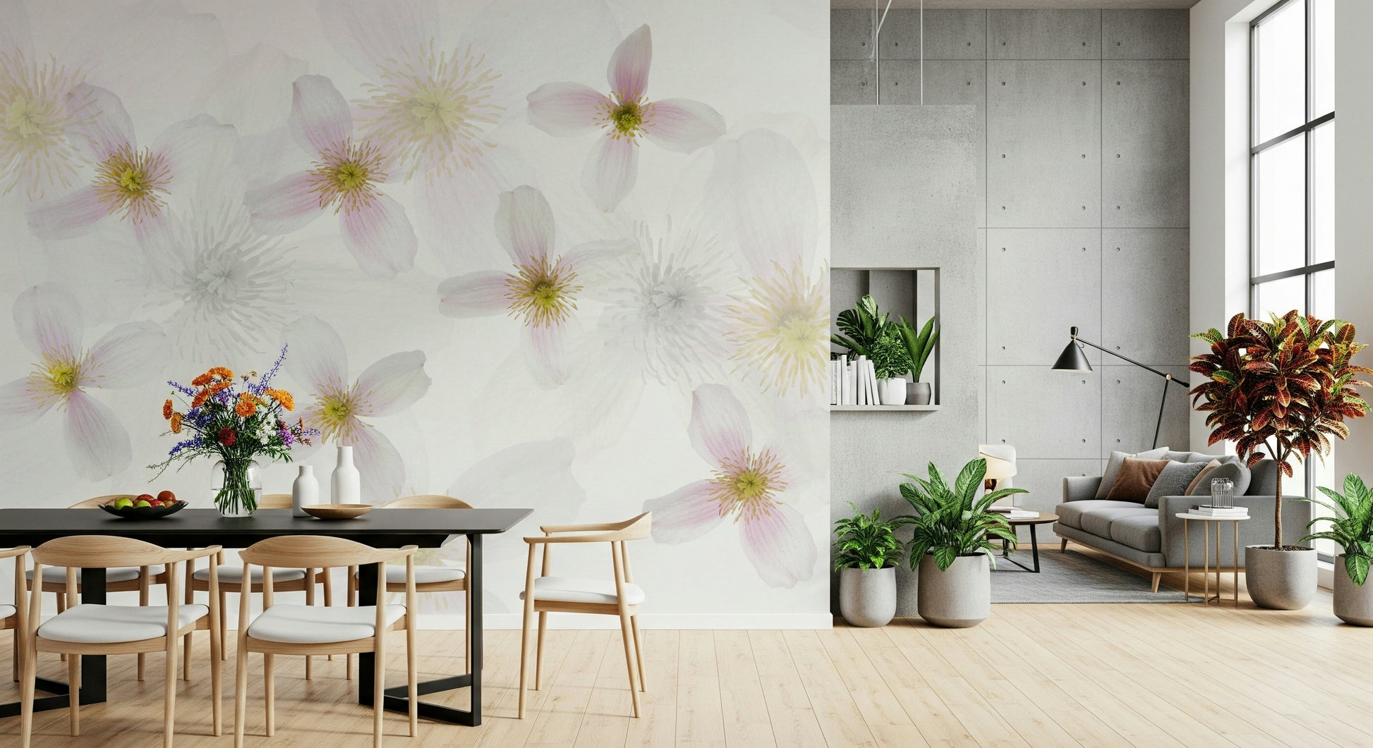 A graceful subtle petal wall mural in cool, tranquil tones.

