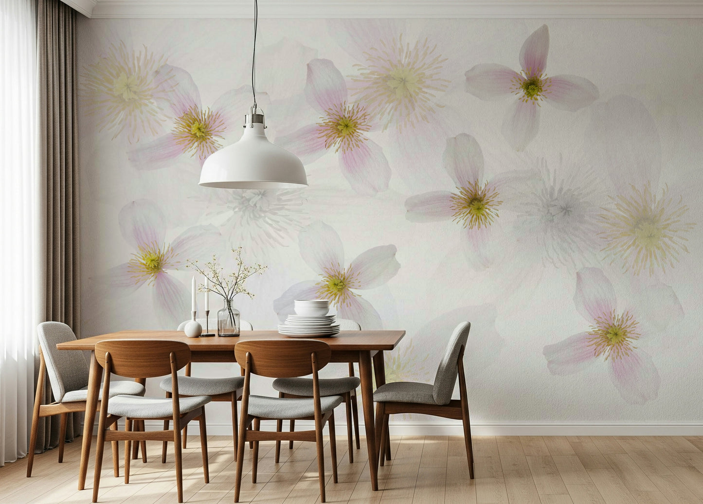 An artistic delicate flower mural on minimalist wallpaper.

