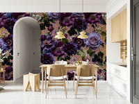 A graceful subtle geometric wall mural in bold, purple tones.

