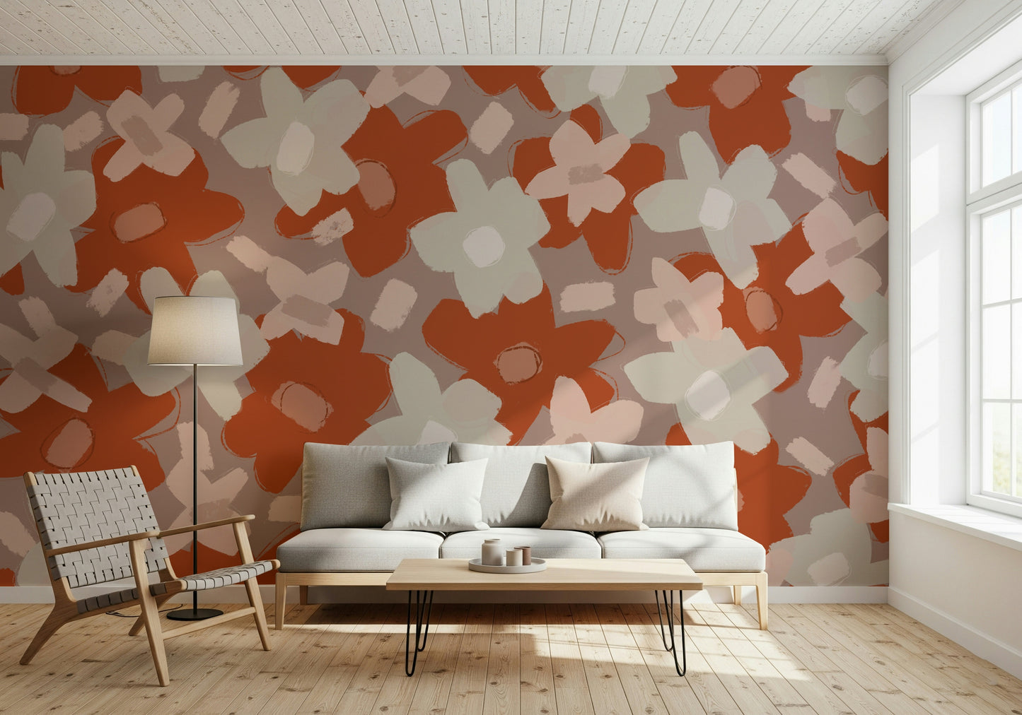 A graceful subtle bloom wall mural in warm, earth tones.


