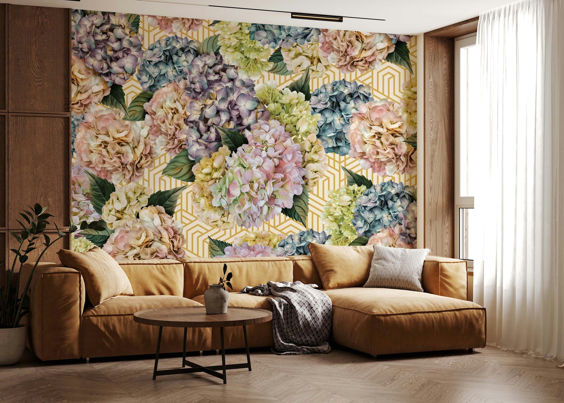 A beautiful modern art wall mural of delicate flowers.

