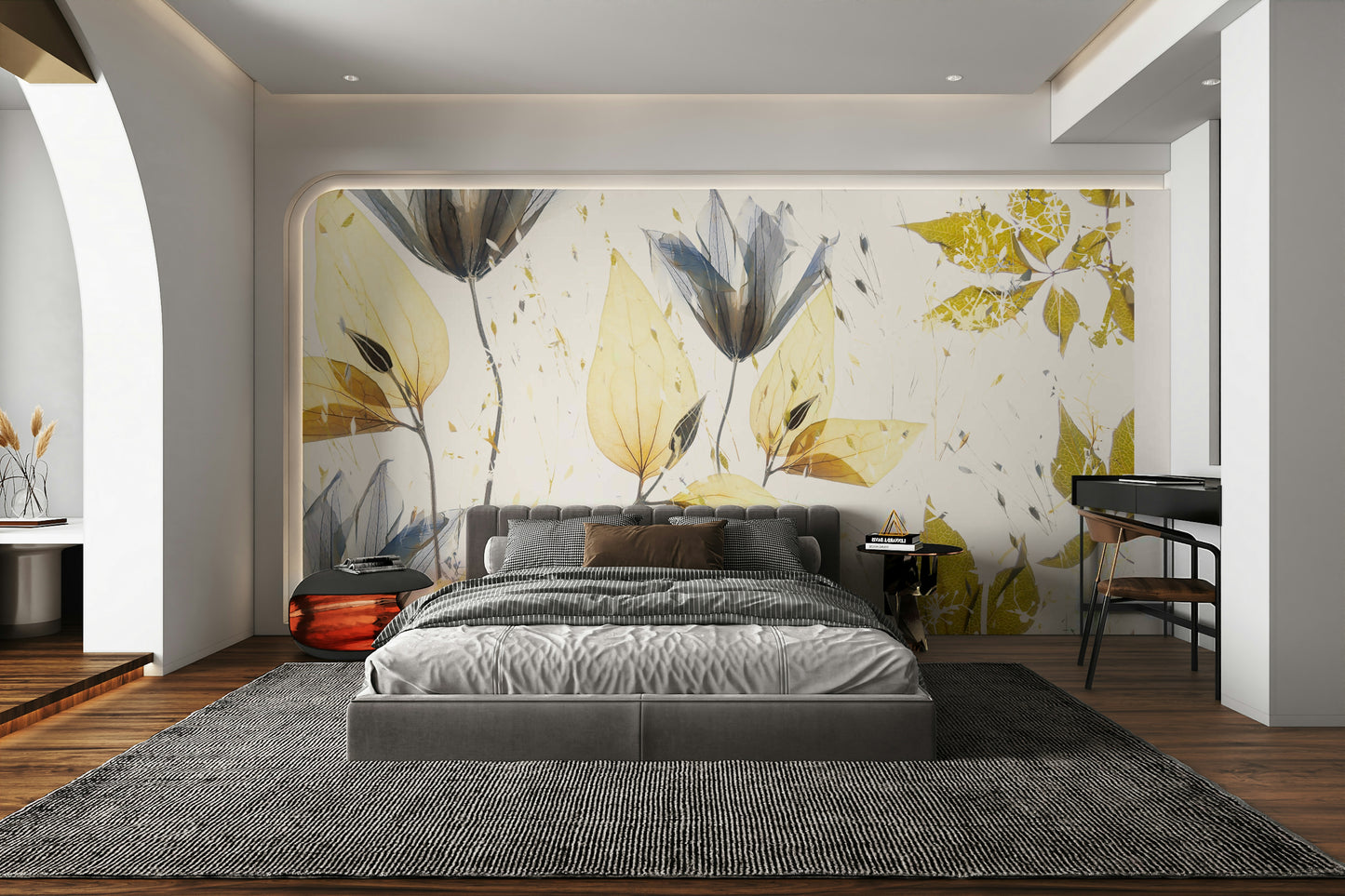 A graceful subtle bloom wall mural in soft, tranquil tones.

