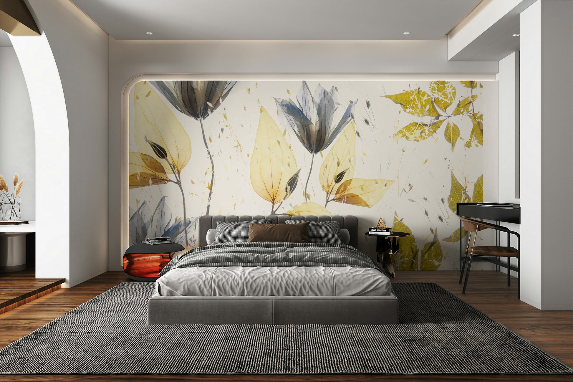 A graceful subtle bloom wall mural in soft, tranquil tones.


