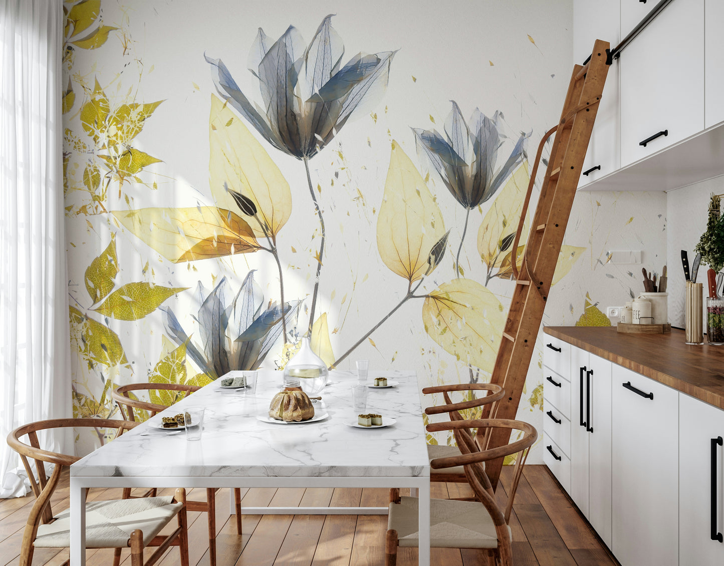 A beautiful modern art wall mural of delicate flowers.


