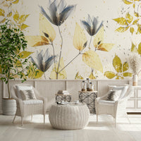 A peaceful botanical design mural on decorative wallpaper.

