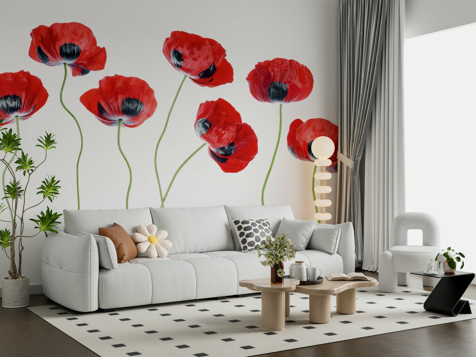 A graceful subtle poppy wall mural in bright, red tones.

