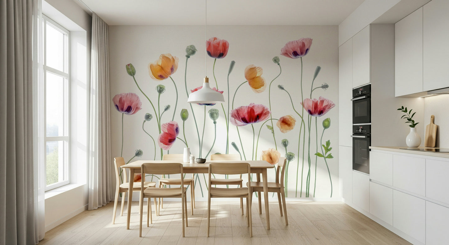 A calming poppy design wallpaper mural that defines a space.

