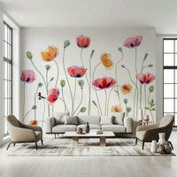 An artistic poppy field mural on minimalist wallpaper.

