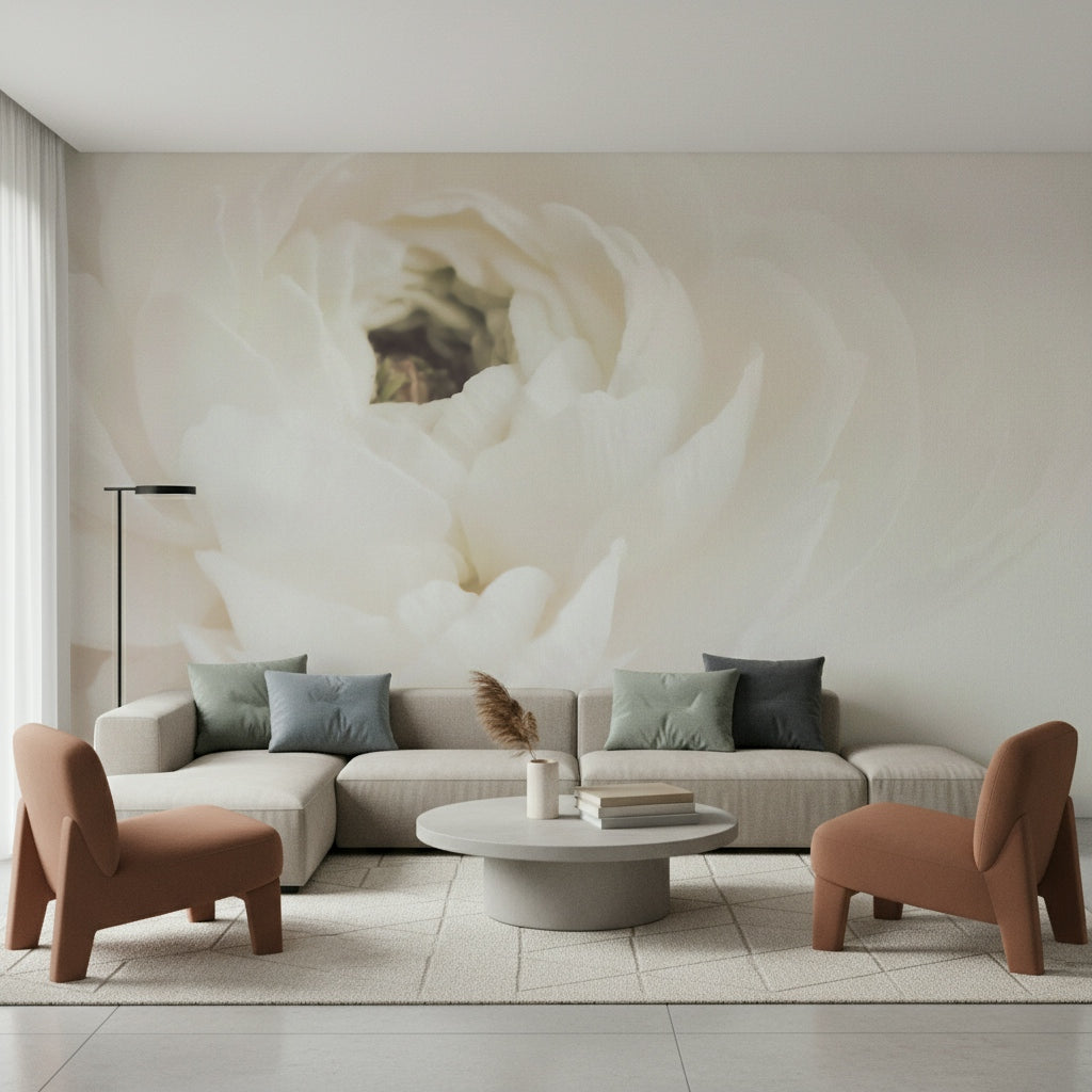 A peaceful botanical garden mural on decorative wallpaper.

