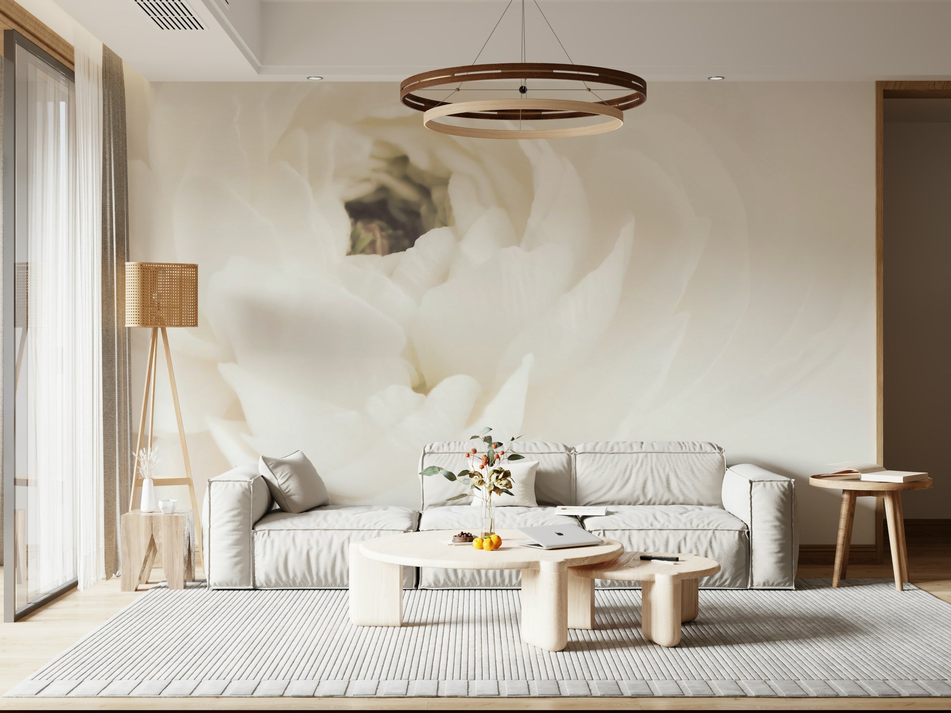 An artistic elegant bloom mural on minimalist wallpaper.

