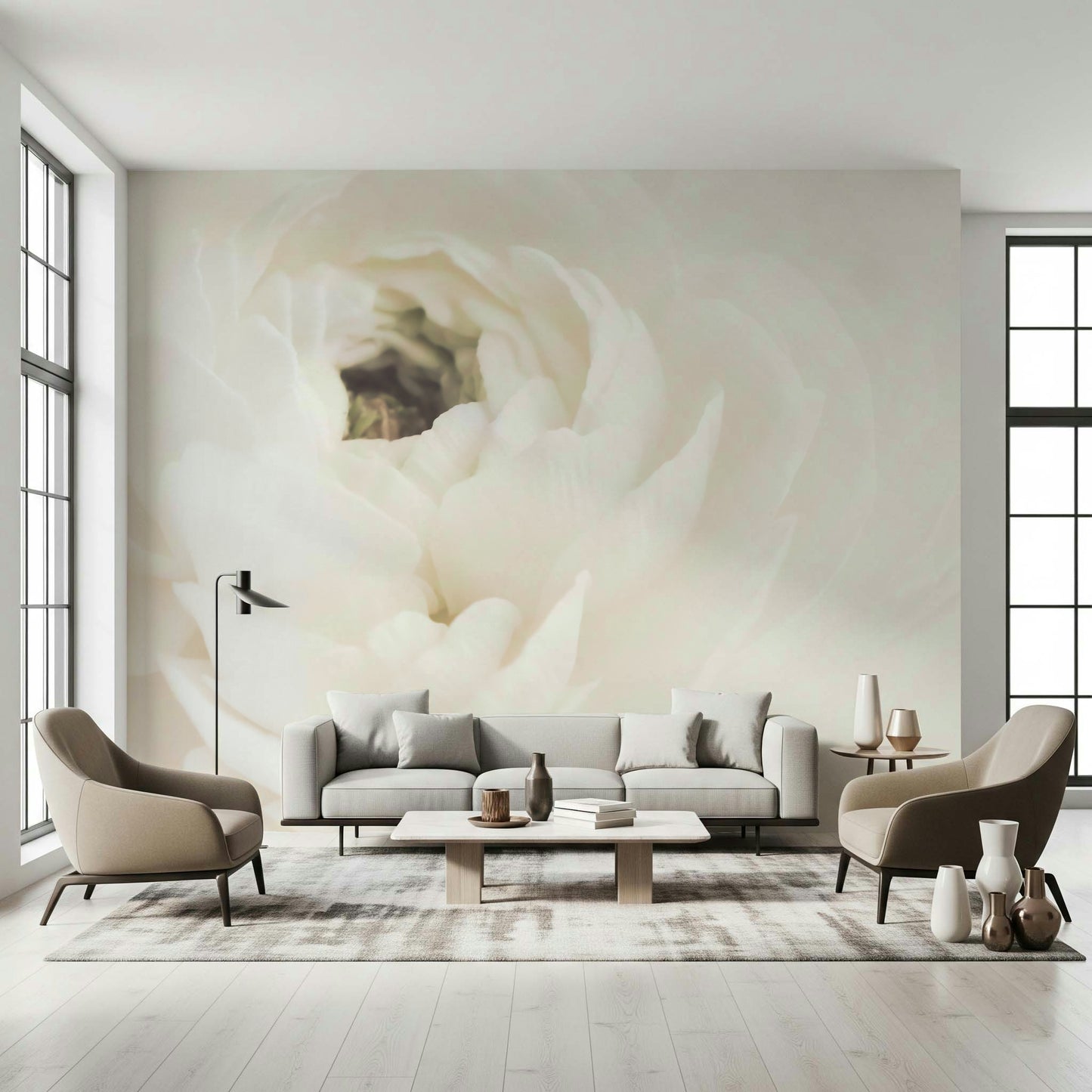 A contemplative white flower wallpaper mural for a feature wall.

