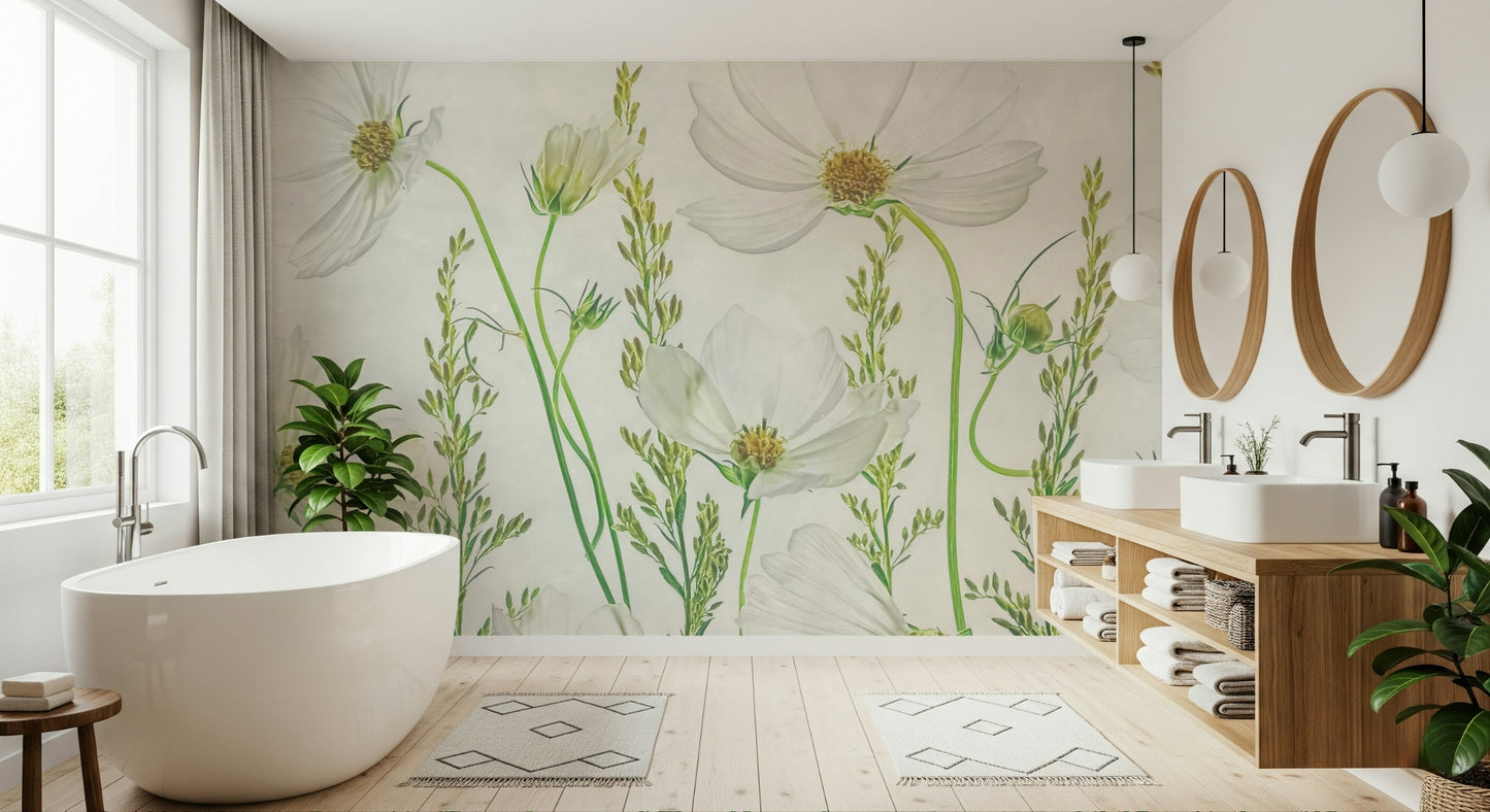 A beautiful modern art wall mural of delicate flowers.

