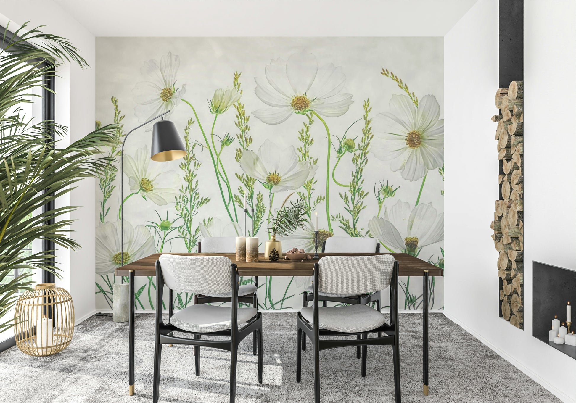 An artistic delicate bloom mural on minimalist wallpaper.

